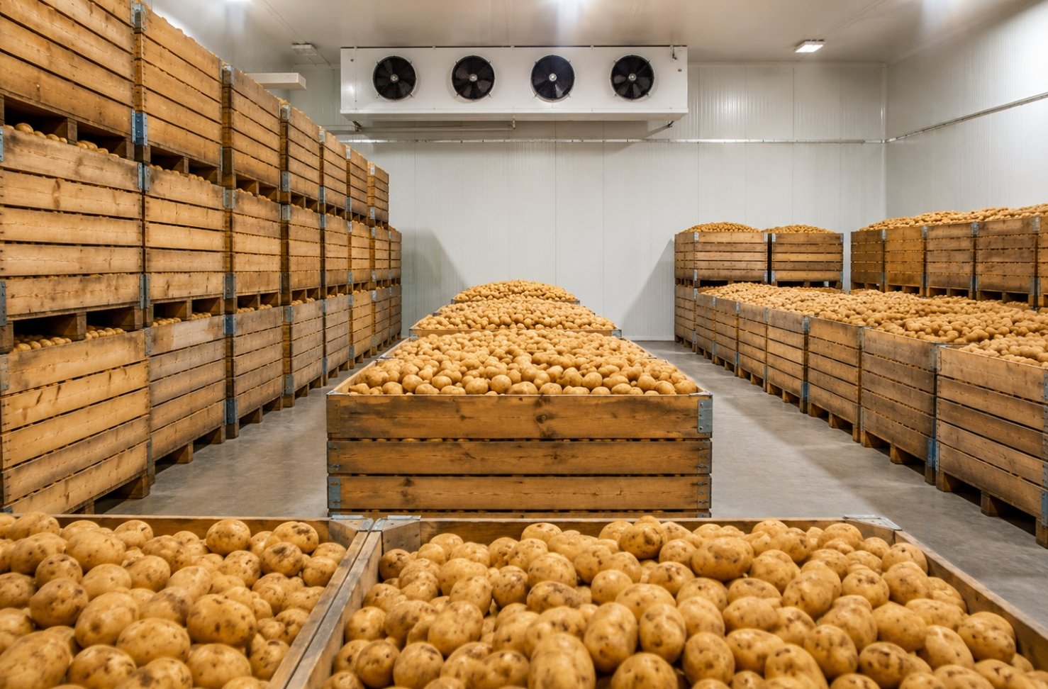 Fruit and vegetable cold storage facility with produce crates